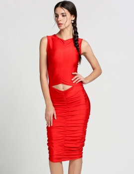 

Red Women Fashion Sexy Slim Round Neck Sleeveless Stretch Elastic Hollow Cut Solid Pencil Party Club Going Out Dresses, Multicolor