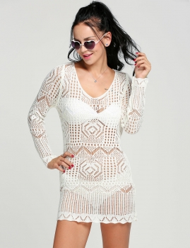 

White O-neck Long Sleeve Crochet Hollow Out Beachwear Cover Up