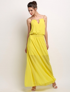 

Yellow Fashion Women Metal Chain Collar Chiffon Maxi Sleeveless High Waist Party Going Out Dresses, Multicolor