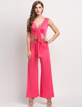 

Pink V Neck Hollow Out Sleeveless Solid Jumpsuit, Multicolor