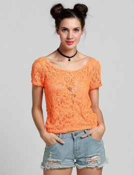 

Orange Fashion Summer Women Short Sleeve O-Neck Lace Crochet Blouse Casual Wear Tank Crop Tops, Multicolor