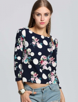 

Dark blue Polka Dot Floral Printed O-Neck Long Sleeve Roll-up Cuffs Blouses, Multicolor