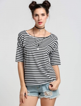 

Black Stylish Ladies Women Casual Round Neck Back Heart Shape Hollow Stripe Tank Tops T-Shirts, Multicolor