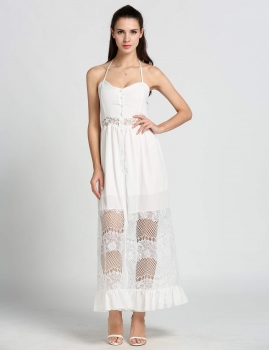 

White New Lady Women's Sexy O-neck Sleeveless Slim Lace Stitching Straps Single-breasted Going Out Dresses, Multicolor