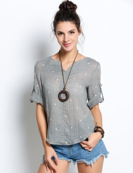 

Gray V-Neck Split Neckline Medium Sleeve Print Loose Beach Cotton Tops, Multicolor