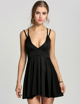 

Black Stylish Ladies Women Fashion Sexy Double Spaghetti Strap Pleated Party Going Out Dresses, Multicolor