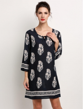 

Navy blue Vintage Style Women Loose O-Neck 3"4 Sleeve Print Summer Beach Casual Dresses, Multicolor