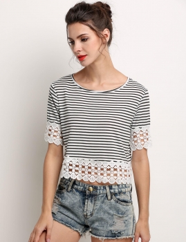 

Black&White Loose Round Neck Short Sleeve Lace Hollow Patchwork Short Crop Tops, Multicolor