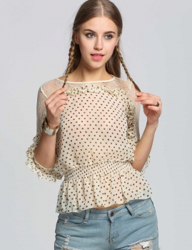 

Apricot Sweet Ladies Women Chiffon Hollow Out Shoulder 3"4 Sleeve Dot Printed Lace Shirts & Blouses Tank Casual Tops, Multicolor