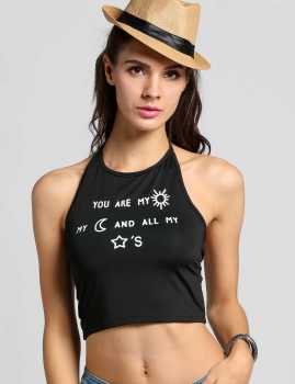 

Black Sleeveless Halter Neck Letter Print Backless Straps Crop Tops, Multicolor