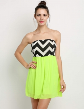 

Green Sexy Women Strapless Stripe Chiffon Splice Mini Casual Beach Wear Party Dresses, Multicolor