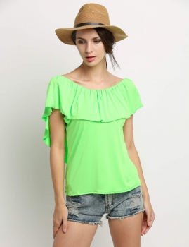

Green Solid Boat Neck Stylish Backless Ruffle Tops, Multicolor
