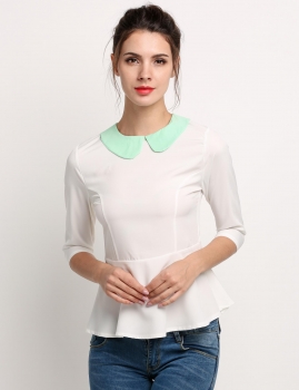 

White Peter Pan Collar 3"4 Sleeve High Waist Slim Blouse, Multicolor