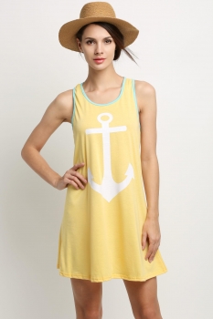 

Yellow Stylish Ladies Women Sexy O-neck Sleeveless Print Beach Casual Dresses, Multicolor