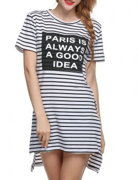 

White Letters Print Striped Side Split Loose Casual Dress, Multicolor