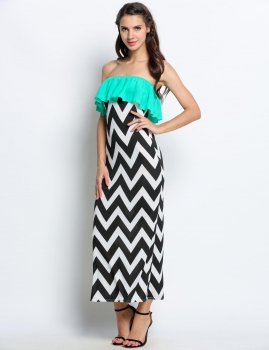 

Green Stylish Ladies Women Strapless Wave Stripe Print Maxi Long Full Going Out Dresses, Multicolor