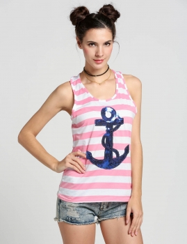 

Blue Stylish Ladies Women O-Neck Sleeveless Stripped Sequins Backless Casual Sexy Tops Vests Tanks & Camis, Multicolor