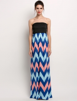 

Strapless Backless Patchwork Wave Stripe Maxi Dress, Multicolor