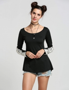 

Black Casual Women O-Neck Long Sleeve Lace Splice Slim Irregular Hem Blouse Tank Tops T-Shirts, Multicolor