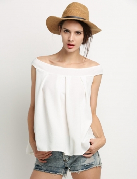 

White Stylish Lady Women's Fashion Off-shoulder Boat Neck Sexy Elegant Solid Loose Blouse Shirt Vests Tank Casual Tops, Multicolor