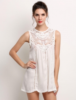 

White Women Fashion Sexy Loose Chiffon Sleeveless Hollow Crochet Lace Patchwork Solid A-Line Short Casual Going Out Dresses, Multicolor