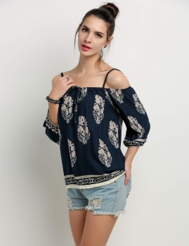 

Blue Ladies Women Fashion Off-Shoulder 3"4 Sleeve Strap Print Loose Leisure Blouse Vests Tank Casual Tops, Multicolor