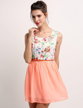 

Pink Stylish Ladies Women O-neck Sleeveless Floral Patchwork Mini Casual Dresses, Multicolor