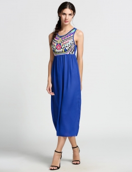 

Blue Stylish Ladies Women O-neck Sleeveless Maxi Full-Length Patchwork Chiffon Casual Dresses, Multicolor