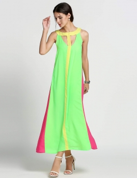 

Green Ladies Women Sexy Sleeveless Patchwork Hollow Beach Loose Maxi Long Going Out Casual Dresses, Multicolor