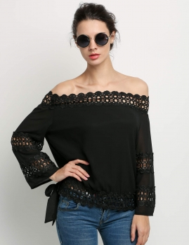 

Black Slash Neck Hollow Lace Patchwork Side Strap Chiffon Tops, Multicolor