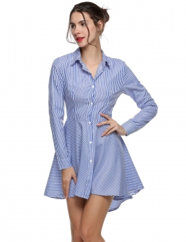 

Blue&White Turn Down Neck Long Sleeve Asymmetric Hem Pleated Casual Dress, Multicolor