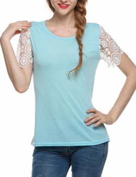 

Blue Round Neck Short Lace Patchwork Sleeve T-shirts, Multicolor