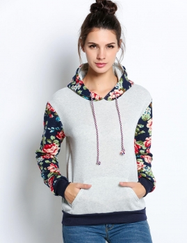 

Gray Casual Hooded Long Sleeve Patchwork Floral Loose Hoodie, Multicolor