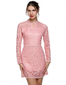 

Pink Bodycon Floral Lace Long Sleeve Flouncing Hem Going Out Dress, Multicolor