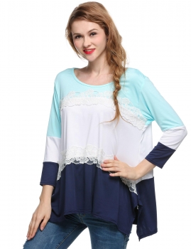 

Blue Stylish Women Casual Loose Round Collar 3"4 Sleeve Contrast Color Lace Patchwork Tunic Tank Tops Shirts & Blouses, Multicolor