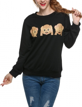 

Black Fashion Women Causal Long Sleeve Animal Emoji Printed Outerwear Top Pullover Hoodies & Sweatshirts, Multicolor