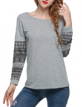 

Gray Vintage Pattern Printed Long Sleeves O Neck T-Shirts, Multicolor