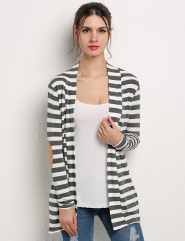 

Gray Casual Turndown Neck Long Sleeve Striped Slim Long Cardigan, Multicolor