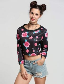 

Black Stylish Ladies Sexy Women Casual Floral Print Neck 3"4 Sleeve Tank Shirts & Blouses Crop Tops, Multicolor