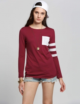 

Red Stylish Women Round Neck Long Stripe Sleeve Casual Pullover Top Blouse with Pocket Hoodies & Sweatshirts, Multicolor