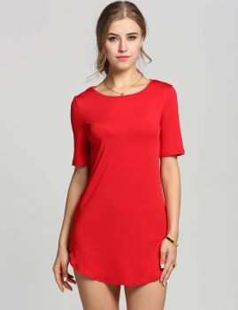 

Red O Neck Short Sleeve Solid Loose Straight Shift Casual Dress, Multicolor