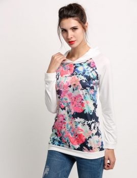 

White Hooded Collar Long Sleeve Floral Bottoming Hoodie, Multicolor