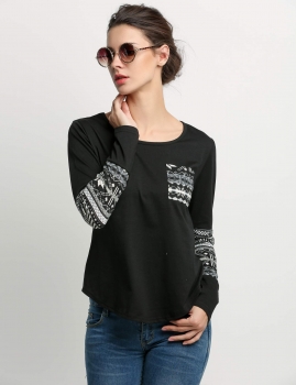 

Black Women Fashion Casual Round Neck Long Sleeve Irregular Hem Patchwork Tops, Multicolor