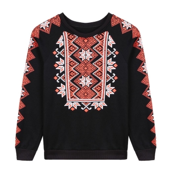

Black Geometric Print O-Neck Long Sleeve Thick Pullover Sweatshirt, Multicolor