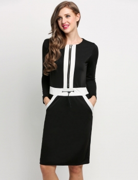 

Black Long Sleeve Bodycon Drawstring Pencil Work Dress, Multicolor