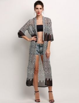 

Black Open Front Long Loose Geometric Print Chiffon Kimono, Multicolor