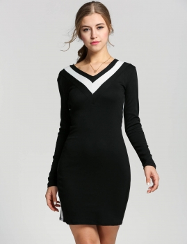 

Black V Neck Long Sleeve Splicing Slim Bodycon Pencil Casual Dress, Multicolor