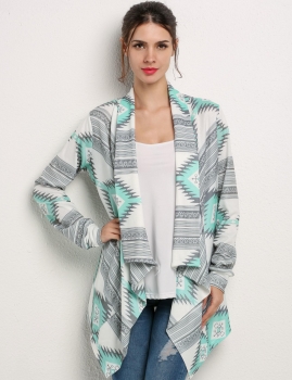 

Green Long Sleeve Geometric Print Open Front Loose Coat, Multicolor