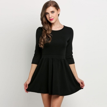 

Black 3"4 Sleeve Round High Waist Solid Skater Casual Dress, Multicolor