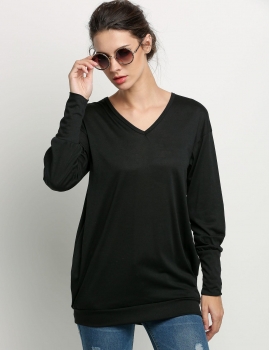 

Black Stylish Women Casual V Neck Long Sleeve Loose Solid Leisure Mini Dress Tank Tops Shirts & Blouses Tunics, Multicolor